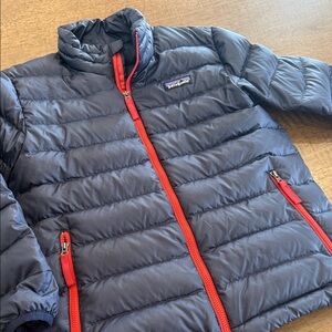 Patagonia Dark Blue Puffer with Bright Red Zippers